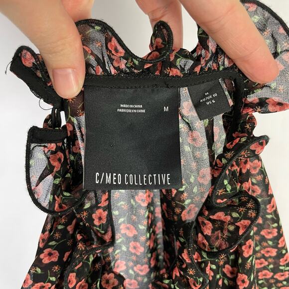 C/MEO Collective | Longevity Black Floral Sheer Smocked Long Sleeve Mini Dress - Picture 10 of 12
